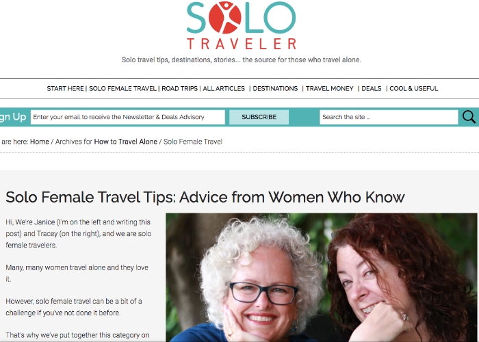 Page reading "Solo Female Travel Tips" from Solo Traveler World