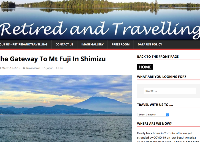 Retired and Travelling website page featuring an image of Mt. Fuji