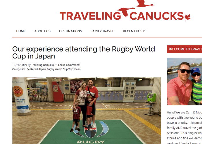 Traveling Canucks website featuring an article about Osaka's Rugby World Cup