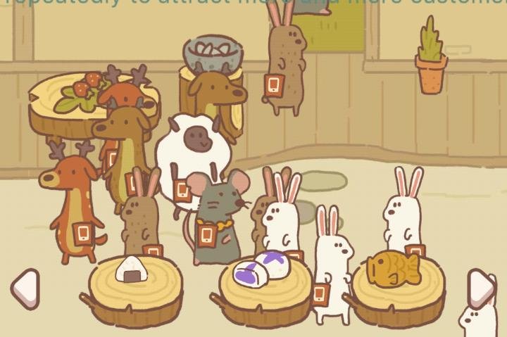 Cartoon rabbits and deer eating rice balls and buns in a restaurant