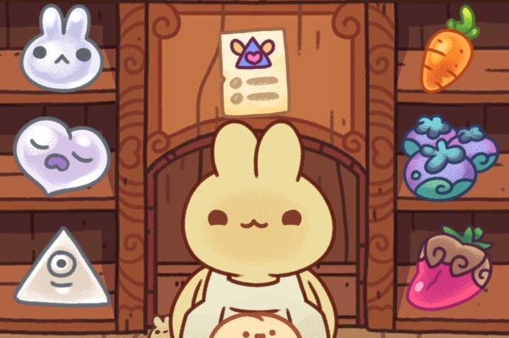 Cartoon bunny in apron standing in front of bread dough with colorful ingredients next to him