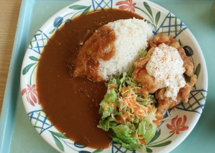 Japanese curry with fried chicken at a cafeteria