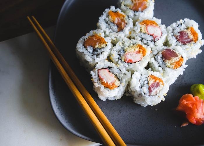 Uramaki rolls, inside out rolls on a plate