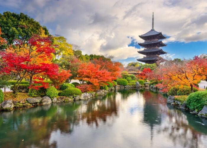 Tō-ji Pagoda in Kyoto, the tallest wooden pagoda in Japan, surrounded by autumnal leaves