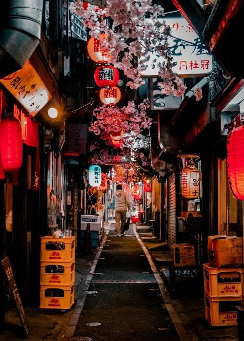 Shinjuku Omoide Yokocho in Shinjuku lit by red lanterns