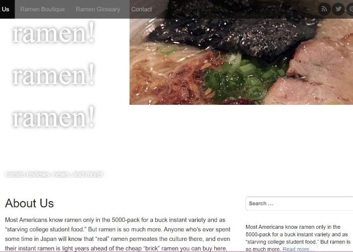 Ramen Ramen Ramen blog's "about us" page screenshot with white background, picture of ramen on side, 