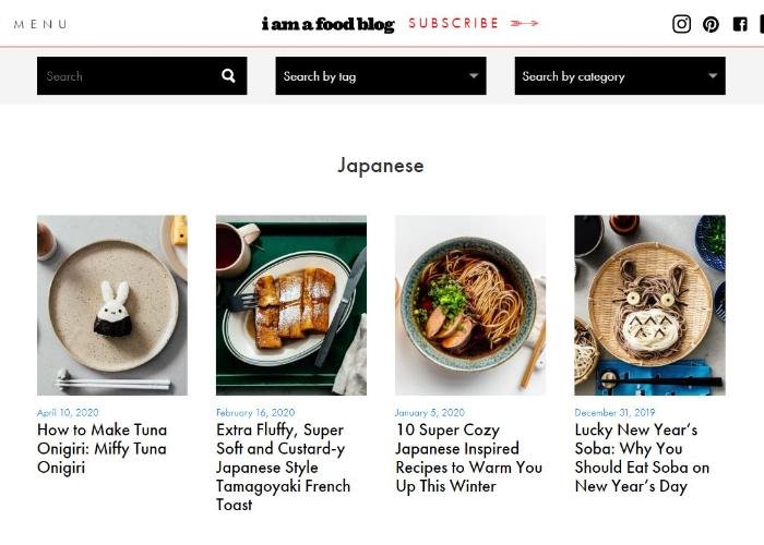 I Am A Food blog screenshot with posts on miffy tuna onigiri, tamagoyaki french toast, new year's soba
