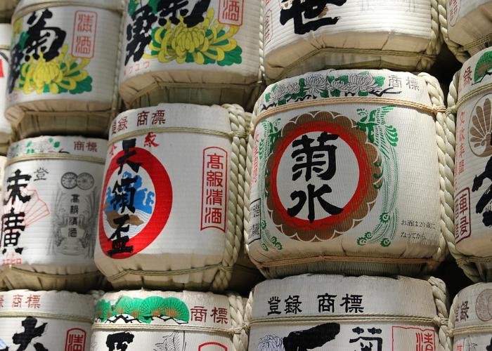 Barrels of nihonshu (Japanese sake), one of the most popular Japanese drinks
