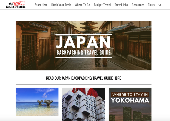 Japan landing page for The Broke Backpacker, a UK travel blog, with a banner that reads "Japan Backpacking Travel Guide" and has articles like "Where to stay in Yokohama"