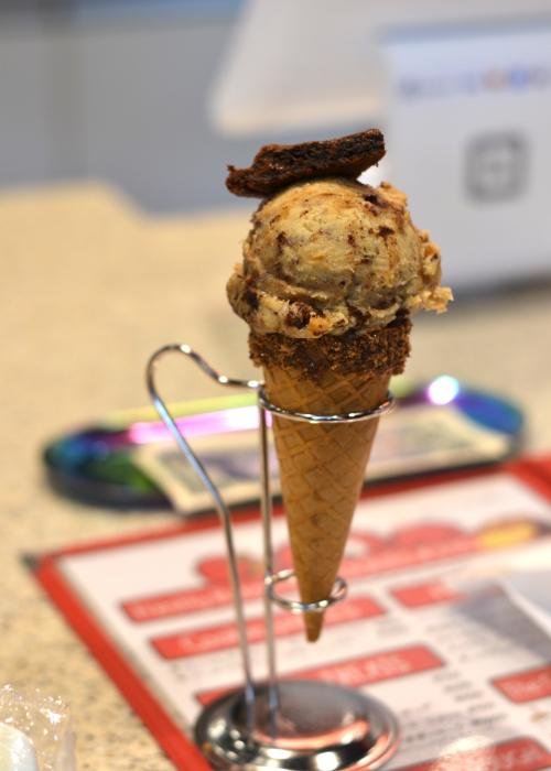 An ice cream cone topped with cookie dough in Harajuku
