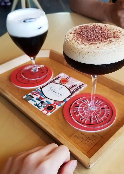 Coffee Martini and Irish Coffee at Starbucks Reserve Roastery Tokyo on a wooden tray