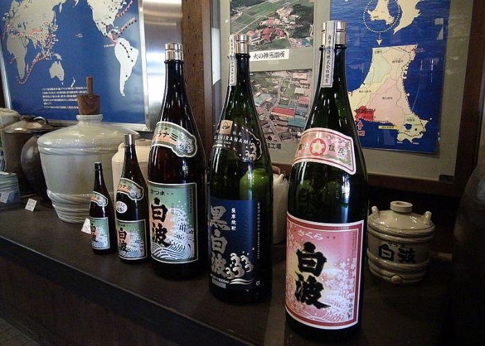 A Kagoshima Prefecture specialty, satsuma shochu bottles lined up on a table