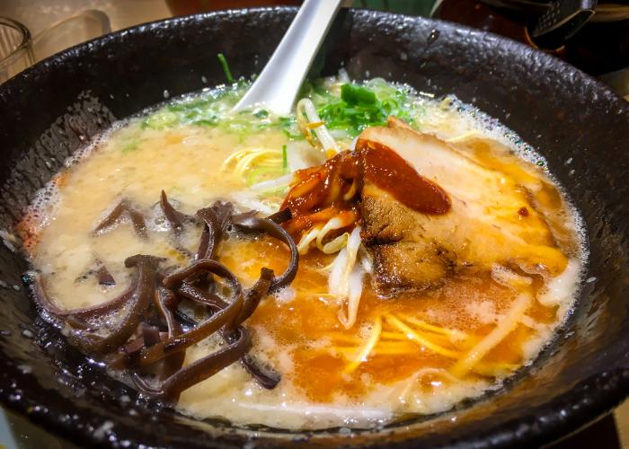 Close up image of a bowl of Kumamoto ramen