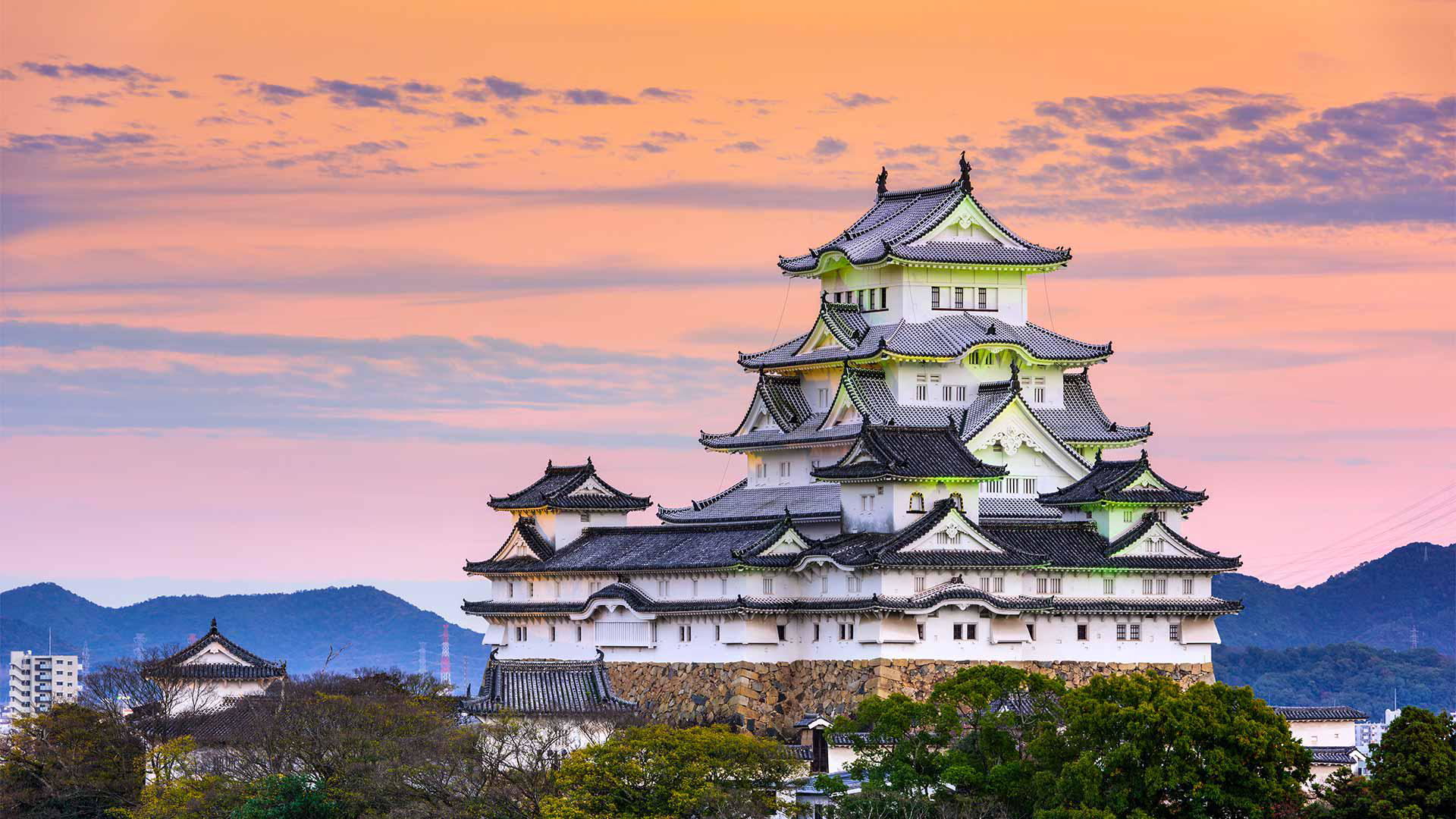 Himeji Castle at sunset, a landmark in Hyogo Prefecture, Japan.
